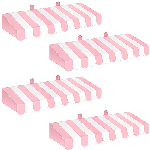 Boao 4 Pack Circus Awning Decoration 3D Stripe Cardboard Awning Carnival Wall Decor Circus Party Favors for Lemonade Stand Bakery Ice Cream Truck Bulletin Board Decor(Pink and White)