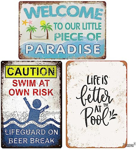 3er Set Pool Schild,Schwimmen Blechschild,Schwimmbad Metallschild Mit Sprüche-Welcome to Our Little Piece of Paradise-Lifeguard on Beer Break-Dekoschild für Fluss,Strand,lustige Wanddekoration