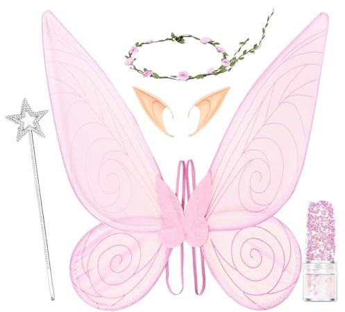 Feen Kostüm Damen Feenflügel Erwachsene Elfenohren Blumenkranz Halloween Kostüm Accessoires,Feenflügel Kinder Karneval Geburtstag Weihnachten Rollenspiel Theme Party
