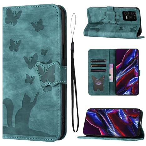 LSPCASA Housse Protection pour Xiaomi Redmi Note 12 5G / Poco X5 Matériau en Cuir PU Coque Redmi Note 12 avec Fentes pour Cartes Étui Motif Papillon Chat Coque Xiaomi Redmi Note 12 Vert