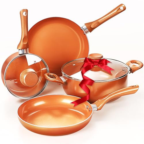 Clockitchen Batterie de cuisine antiadhésive – 6 pièces de casseroles et poêles couleur cuivre, revêtement en céramique