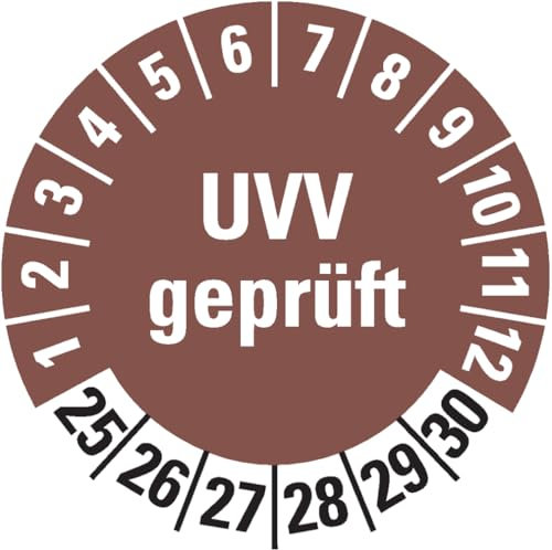 Dreifke® Aufkleber I Prüfplakette UVV geprüft 25-30, braun, Dokumentenfolie, selbstkl., Ø30mm, 18 Stück