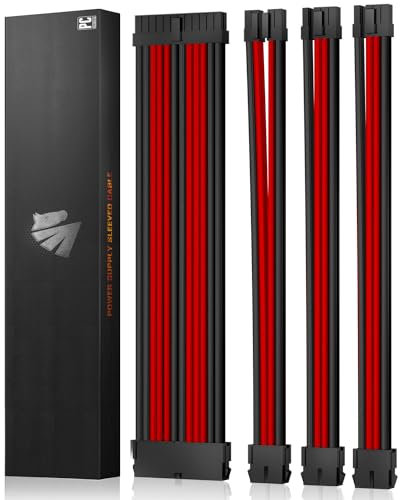 AsiaHorse Cable de extensión PSU, Kit de Cables con Funda para GPU/CPU,16AWG Extensiones de Cable de alimentación con peines de Cable,Gestión de Cables 24PIN/ (6+2) Pin/ (4+4) Pin, 30CM, Negro+Rojo