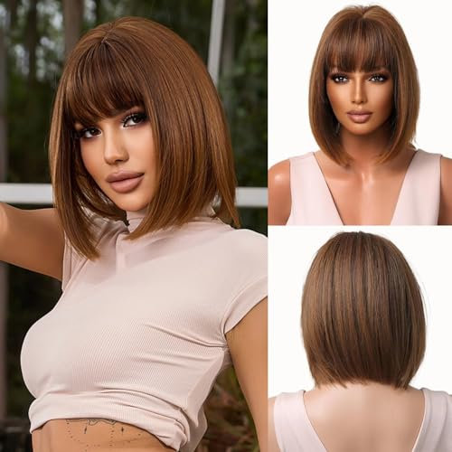 Esmee Kurze Gerade Kupferbraune Bob Perücken Mit Pony Schulterlange Burgunder Perücke Synthetische Cosplay Perücken für Frauen