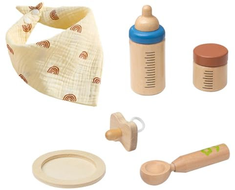 Doll Wooden Feeding Set, Wooden Pretend Play Jars Milk Bottle Pacifiers Spoon Montessori Mealtime Play Kit for Kids Accessories