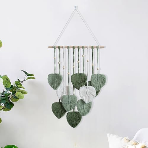 HNLMZ Makramee Wandbehang Handgemachte Boho Wanddeko Wandteppich,Gewebte Makramee Wandteppich mit Holzperlen und Blätter für Wohnzimmer, Schlafzimmer, Hochzeit, Urlaubsdekorationf(Armeegrün)