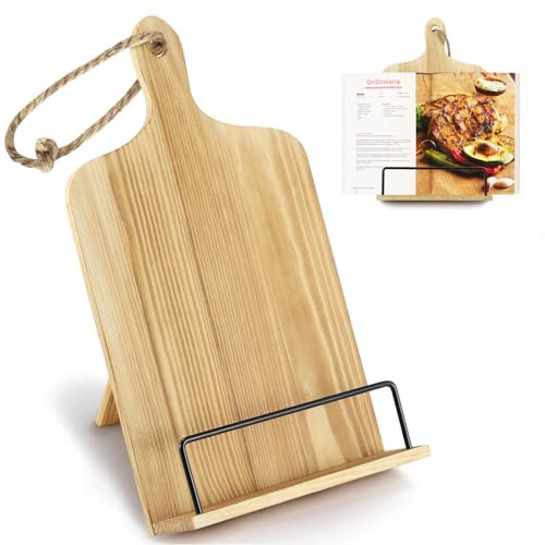 Kochbuchhalter Holz,Rezeptbuchständer,Kochbuchständer für die Küche,Buchständer Küche, Buchhalter Wand, iPad Tablet Ständer, Einstellbares Schneidebrett Style,Buchhalter zum Lesen im Bett,Vintage Deko