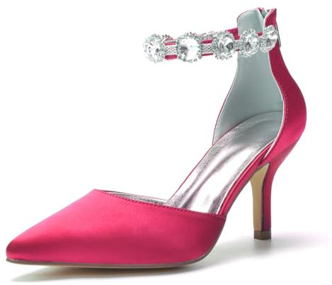 Glitzer Spitze High Heel Stiletto mit Diamant Kristall Knöchelriemen Elegant Braut Sandalen Schlüpfen Kitten Heels Hochzeits Party Pumps,Rose red,41EU