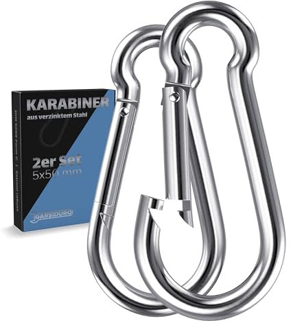 GARSIDURO® Karabinerhaken | 2er Set 5x50 mm | Karabiner Stahl verzinkt DIN 5299 | Feuerwehr-Karabiner mit Schnappverschluss geeignet als Schlüsselanhänger oder für Schwerlast und Hundeleine