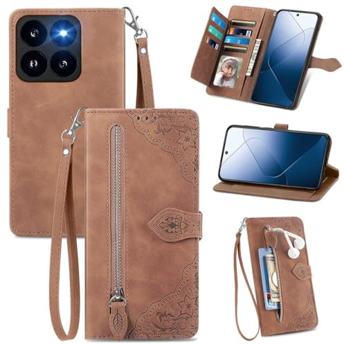 MOJIA Funda Cartera para Xiaomi 14T Pro, Carcasa de Teléfono con Tapa a Prueba de Golpes y Anticaída de PU con Muñequera. Marrón