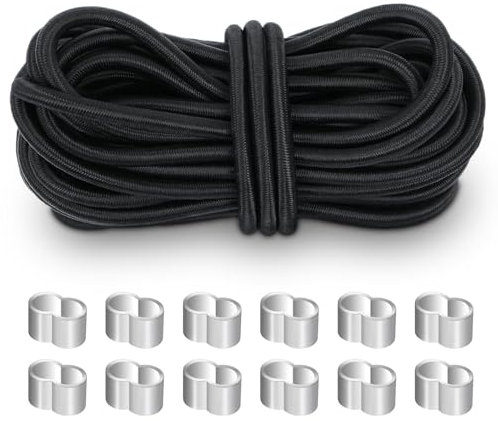Minnhua 10M Corde en Caoutchouc 7.5mm Corde Élastique Tendeurs 10m Sandow Elastique Corde D'extension Bande Élastique Cordon Elastique pour Bache Piscine avec 10 Pinces À Étrangler Noir