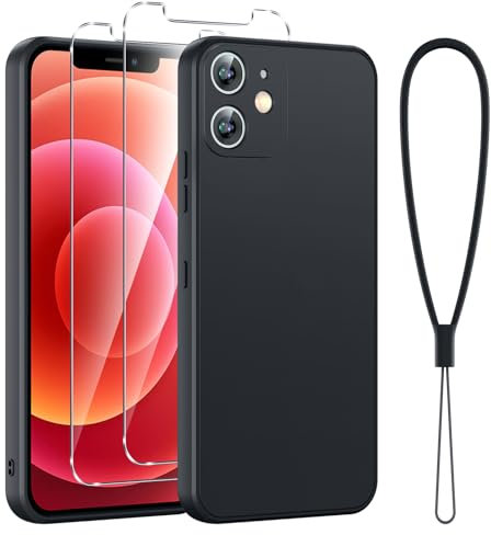 Viojrlra Hülle für iPhone 12 mini Handyhülle mit 2 Stück Schutzfolie, Flüssig Silikon Case für iPhone 12 mini Ultra Dünn Microfiber Kameraschutz, Ganzkörper Stoßfest Kratzfest Schutzhülle (Schwarz)