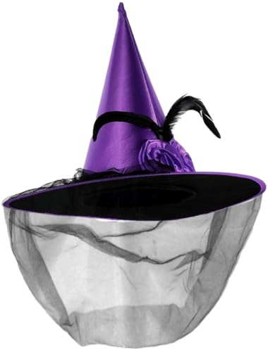 Hatstar Halloween Hexenhut, verziert mit Schleier, Rosen & Federn, Kostüm Accessoire für Damen & Kinder, Kostümhut für Karneval und Fasching