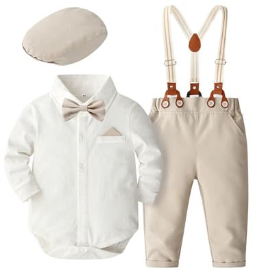 Fldy Baby Jungen Kleidung Set Festlich Fliege Strampler Hosenträger Hose Und Mütze 3tlg Set Für Hochzeit Taufe Party 0-24 Monate Cremeweiß 80-86