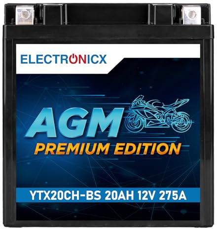 Electronicx YTX20CH-BS AGM Motorradbatterie 12V 20Ah 275A/EN – Wartungsfrei, Auslaufsicher, Doppelte Lebensdauer – Hohe Startkraft kompatibel mit Harley Davidson, Yamaha, Honda und mehr