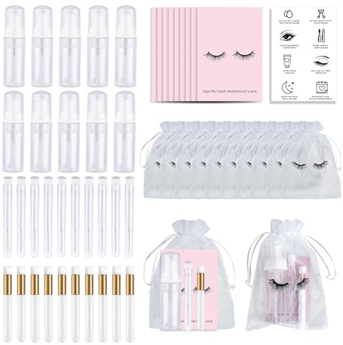 50PCS Lash Shampoo Flaschen Bürsten Set, leere Pumpflasche, Reinigungsbürste, Wimpernverlängerungsrohr Bürste, Anweisungen Karten, Nachsorgetaschen für Wimpern Geschäftskunden (weiß)