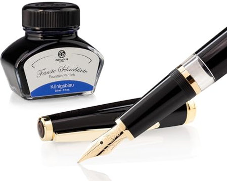 Octopus Cleo Skribent Classic Gold Fountain Pen Set, Plunger Fountain Pen, M Nib and 30 ml Ink Blue