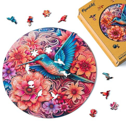 Figured'Art Holzpuzzle Erwachsene und Kinder 200 Teile Tiere - Kolibri und blühende Blumen - Originelles Design 28,5x28,5 cm Einzigartige Form mit Premium-Holzkiste