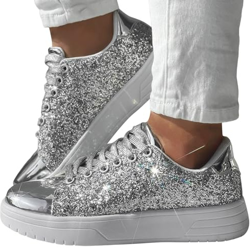 Bastwahl Trachten Sneaker Turnschuhe Damen Weiss Mit Glitzer - Hochzeits Walking Schuhe Funkelnde Bling Shiny Dressy Bedazzled Sneakers Schnürschuhe Modische Glitzernde Trachtenschuhe Dirndl Schuhe