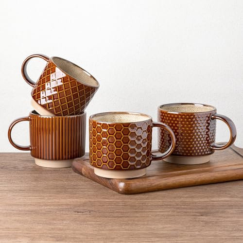 GBHOME Set of 4 Stackable Ceramic Coffee Mugs 350ml - Textured Modern Cups for Tea/Latte/Cappuccino, Dishwasher & Microwave Safe, Gift for Men/Women