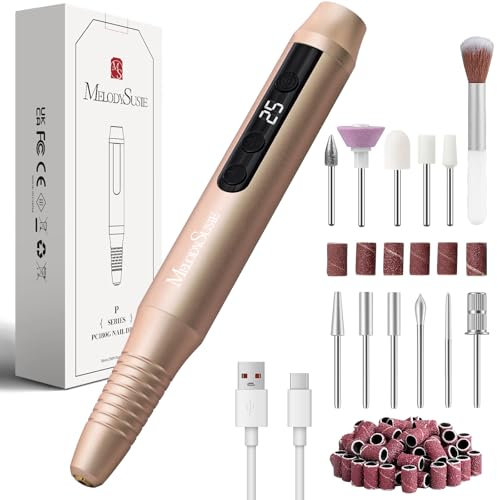 MelodySusie Kabellos Nagelfräser für Gelnägel, Elektrische Nagelfeile 25000 u/min, PC180G Professioneller Nail Drill mit 25 Geschwindigkeitsstufen und LED-Anzeige, Maniküre Pediküre Set (Gold)