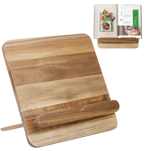 Peacoblue Acacia Wood Cookbook Stand - Adjustable 10x10 Recipe Holder with Tablet Slot & Non-Slip Base - Stylish Kitchen Counter Organizer for Cookbooks, Tablets, and Phones