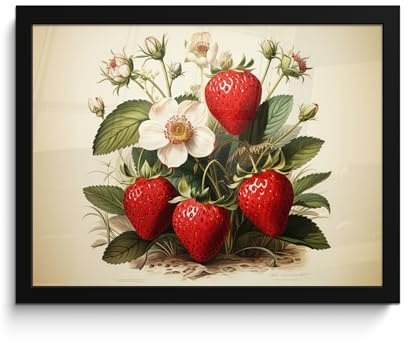 MuchoWow© Bilder mit Rahmen 40x30 cm Poster Wanddekoration Wohnzimmer Deko Modern Geschenke Bilderrahmen Vintage - Erdbeere - Pflanzen - Obst - Natur - Beige