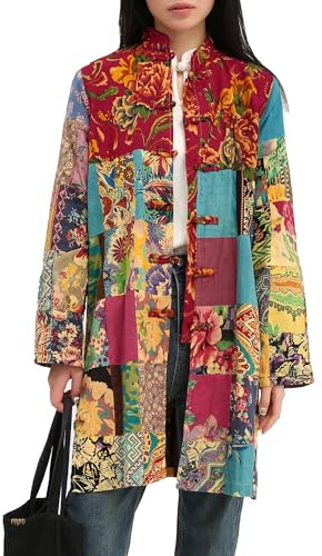 Women's Bohemian Color Blocked Floral Windbreaker Chic Plaid Jacket Casual Lightweight Patch Coat for Spring & Autumn, Yellow Splicing, One size