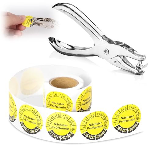 100 Stück Prüfplaketten 30MM 1 Plakette Lochzange Rundloch 3MM Satz Nächster Prüftermin Gelb Prüfplakette Leitern und Tritte Locher Einzelloch Mehrjahresprüfplaketten Wartungsaufkleber für Prüfung
