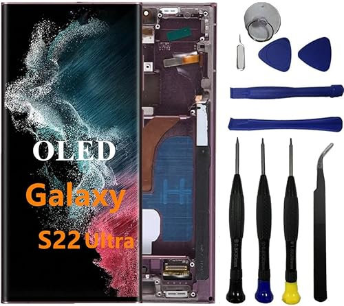 VBAFNWCY OLED Galaxy S22ultra Écran tactile de remplacement pour Samsung Galaxy S22 Ultra 5G S908U S908U1 S908E Écran tactile Digitizer Assemblée Support d'empreintes digitales + S-Pen (avec cadre