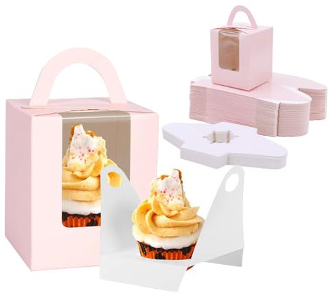 20 Pcs Single Cake Boxes, Cupcake Box with Clear Window and Handle Movable Card Slot Inserts, Carrying and Displaying Cupcake, Muffins for Baking Party Wedding(Pink)