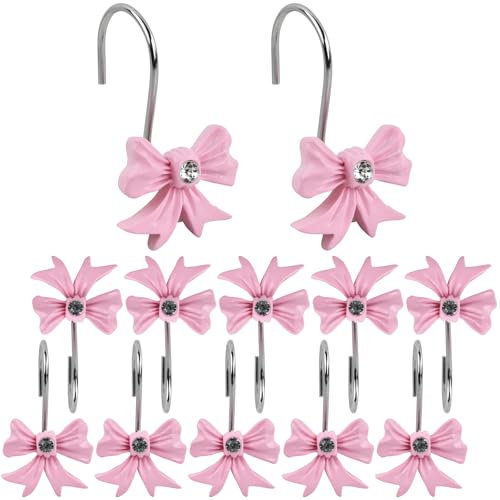 12 Ganchos Decorativos de Cortina de Baño con Lazo Rosa en Resina | Ideal para Baños Infantiles, Habitaciones Princess y Decoración Festiva