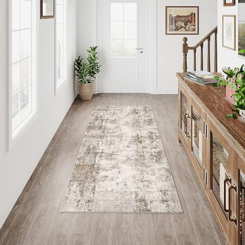 HUGEAR Waschbarer LäUfer Teppich Flur 60 x 180cm Braun Grau Modern Abstrakt Küchen Wohnzimmer Schlafzimmer Teppiche TeppichläUfer rutschfest Kurzflor Weich FlurläUfer TeppichläUfer Bettvorleger