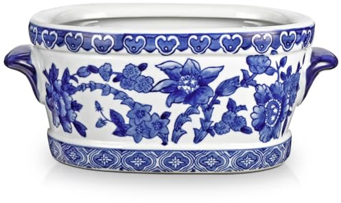 Briful 7.4 Blue and White Ceramic Pot - Vintage Planter Floral Oval Cachepot Vase for Indoor Plants, Flowers & Succulents - Glazed Chinese Porcelain Style Decorative Bowl - No Drainage
