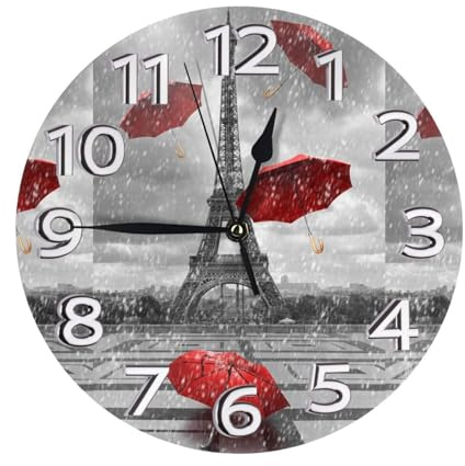 SMSJTMWHN Turm mit rotem Regenschirm, Uhr, Zahl, runde Wanduhr, leise, nicht tickendes Design, umweltfreundlich und anpassbar, für Küche, Büro, Klassenzimmer, 25,4 cm
