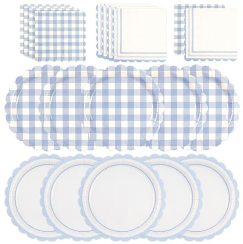 HiEnjoin 48 Stück Blau Gingham Wellenrand Geburtstag Pappteller und Servietten,Einweg Papierteller mit Karomuster Dekorative Gingham Papierteller Karierte Party Teller für Babyparty