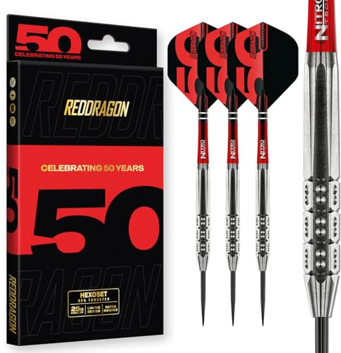 RED DRAGON Darts - 50 Jahresklassiker-Kollektion - Hexoset 3-25g - 85% Wolfram - Professionelles dartpfeile metallspitze Satz - Enthält Steeldarts Pfeile Flüge und Dart Schäfte