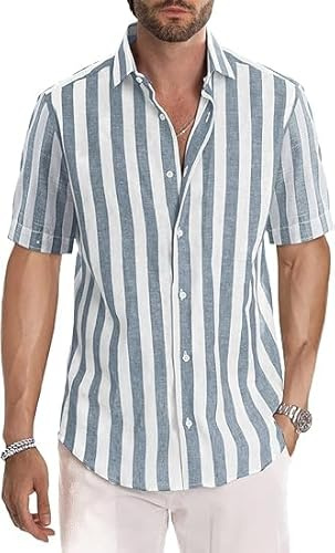 JMIERR Men's Shirts Short Sleeve Summer Striped Casual Shirt Button Down Regular Fit Tops,Blue,XL