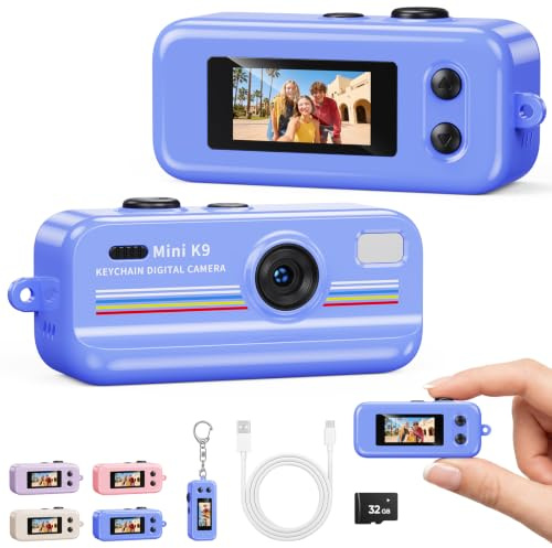 Kizmyee Mini Keychain Digital Camera, 2MP 0.96 Pocket Size Retro Camera | dual front & rear lens, 11 builtt-in filters, video recorder, with 32GB card, Type-C port, 4 colors, for kids teens adults