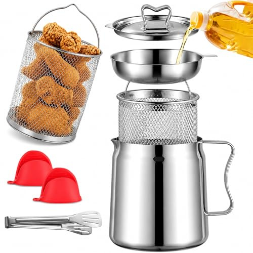 Marmite à Friture 2-en-1 en Inox 304 avec Panier, Pichet Filtre à Huile 2L, Mini Friteuse Induction et Récipient pour Graisse de Bacon, Idéal Cuisine et Camping (1.5L)