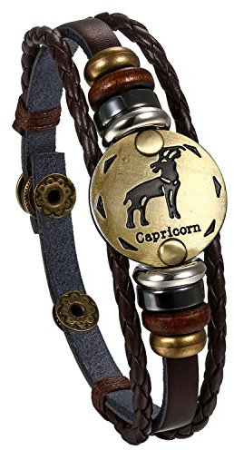 Flongo Leder Echtleder Armband Armreif Lederarmband Geflochten Braun Bronze Steinbock Sternzeichen Horoskop Tierkreis Sternbild Kugel Perle Surfer Wickeln Einstellbar Verstellbar Herren,Damen