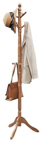 VASAGLE Solid Wood Coat Rack and Stand, Free Standing Hall Coat Tree with 10 Hooks for Hats, Bags, Purses, for Entryway, Hallway, Rubberwood, Caramel Brown URCR03WN