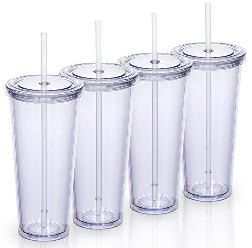 Zephyr Canyon 24oz Double Wall Plastic Tumblers with Lids and Straws | Large Classic Travel Tumbler | 4 Pack Set of 4 | Clear Reusable Cups with Straws | BPA Free