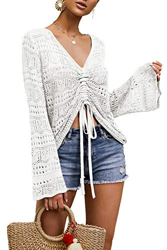 Saodimallsu Damen Boho Pullover Crochet Langarm V-Ausschnitt | Oberteile,Langarmshirt,Flowy Oversized Strickpullover Sexy Tops Frühling Sommer