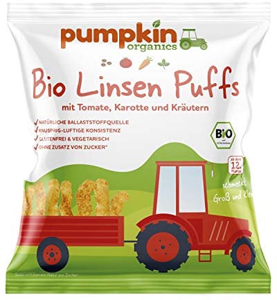 Pumpkin Organics Bio Linsen Puffs mit Tomate, Karotte & Kräutern, für Kinder und Babys ab dem 12. Monat, 24er Pack (24x20g)