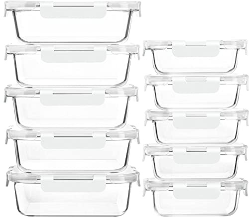 Mcirco Glass Food Storage Container Set, 20 Pieces (10 Containers, 10 Transparent Lids) Dishwasher, Microwave and Freezer Friendly — Leak Proof, BPA Free, White..