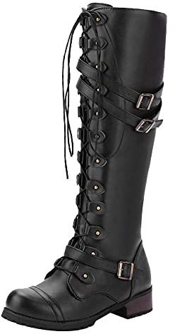 PAIDAXING Botas altas hasta la rodilla para mujer, con cordones, góticas, vintage, punk, con hebilla, militar, de combate, de piel sintética, talla 3-7, Black, 39 EU