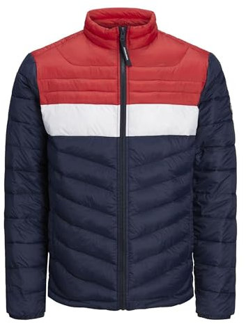 JACK & JONES Men's Puffer Jacket Full Zip Quilted Padded Winter Coat with Band Collar in Navy Blazer True Red, S