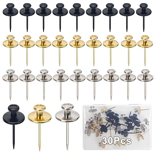 Windspeed 30 Pcs Double-Headed Picture Hangers Nails, Fancy Thumb Tacks for Cork Board Picture Decorative Nails for Hanging Wall Tacks (Black, Gold, Silver)