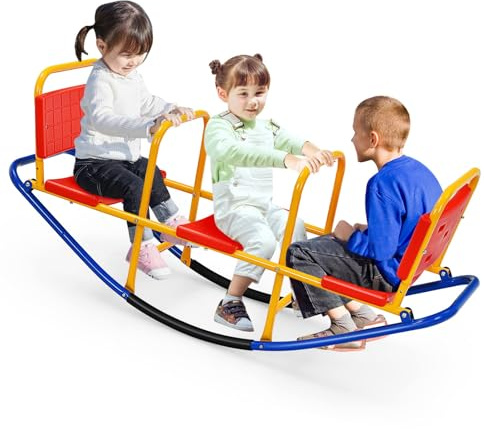 Costzon Teeter Totter Seesaw for Kids Outdoor, 2 in 1 Metal Rocking Seesaw for Toddlers with Easy-Grip Handles, Indoor Outdoor Rocker Toy Gifts for Ages 2-5, 1-3 Person Home Preschool Backyard See Saw